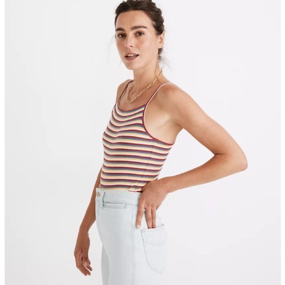 NWT‎ MADEWELL Rainbow Stripe Ribbed Thong Bodysuit in Windmill Stripe Kilt Red ( - Picture 2 of 12